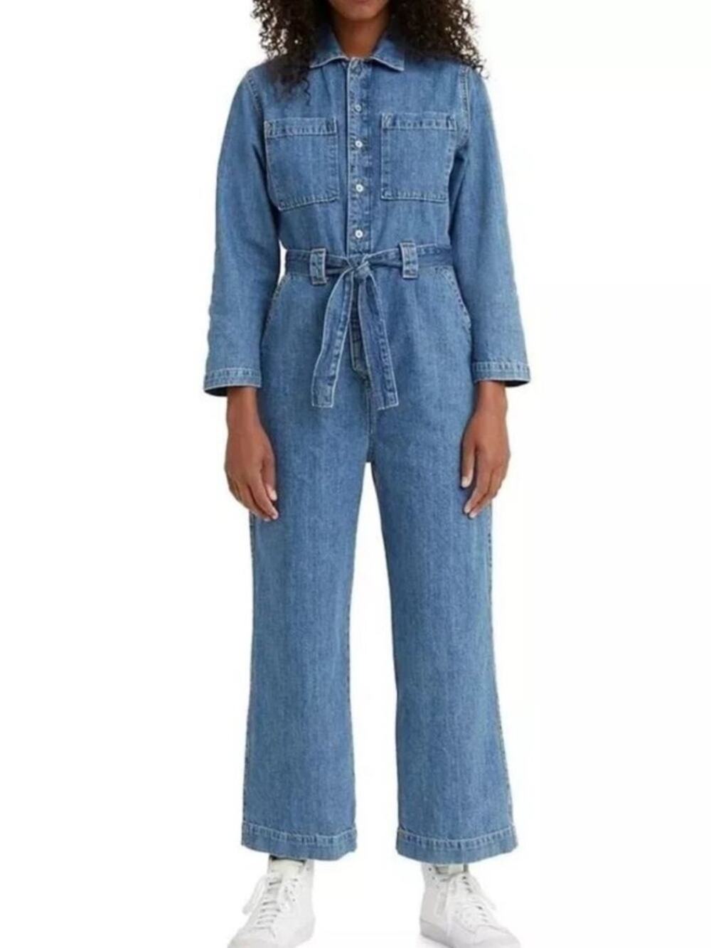 Levi’s Wide Leg Belted Long Sleeve Denim Jumpsuit Coveralls Size Medium